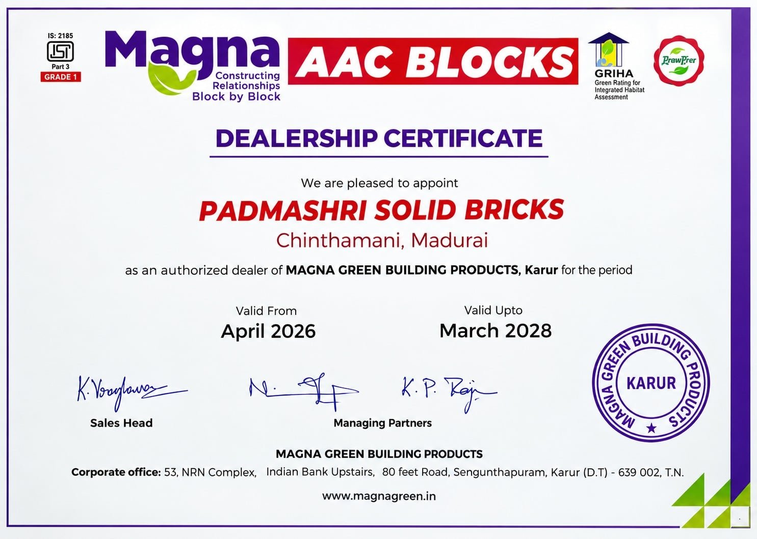 Magna AAC Blocks dealership certificate